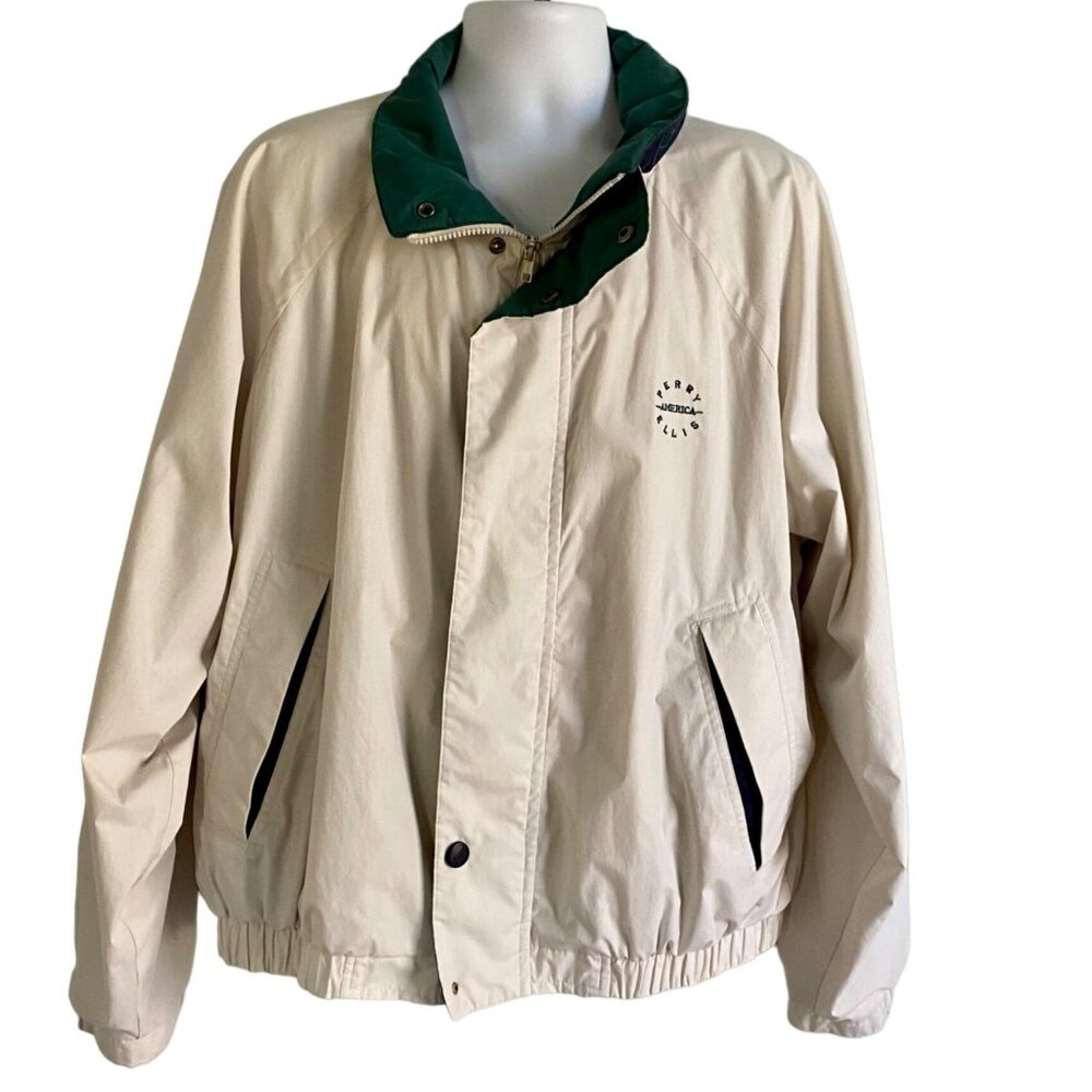Perry Ellis America Full Zip and Snap Lightweight Jacket Off White Green Collar